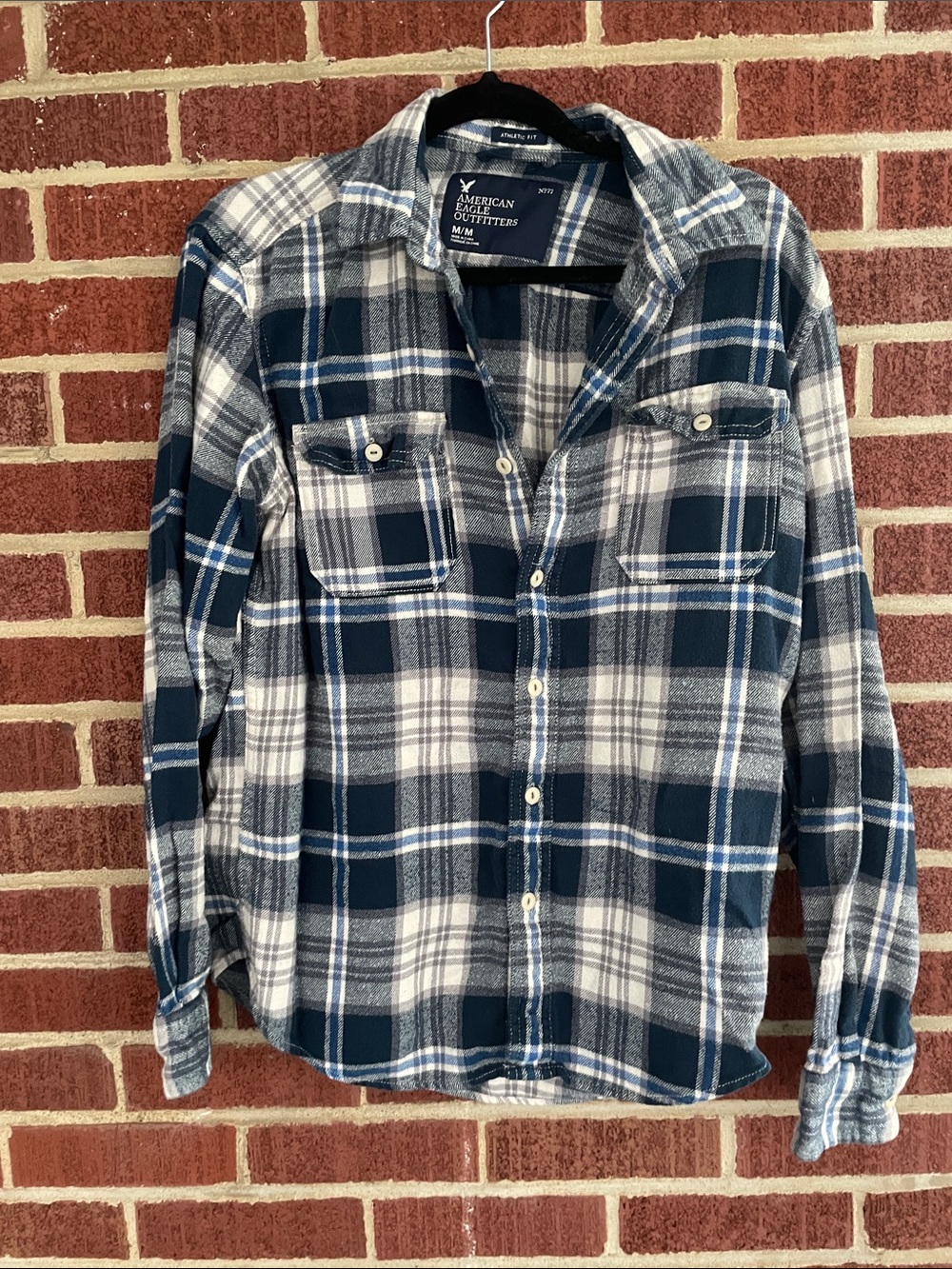 American Eagle Outfitters navy and White Plaid Casual Button Down Shirt